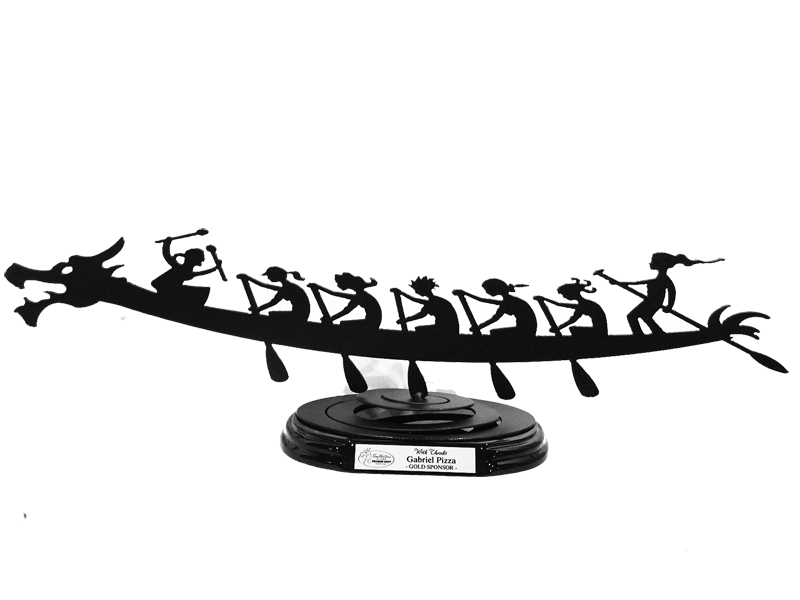 A black steel dragonboat with team sits upon an ovoid base. Attached to the base, a silver plaque reads "With thanks Gabriel Pizza -Gold Sponsor-" with the dragonboat festival's logo to the left.