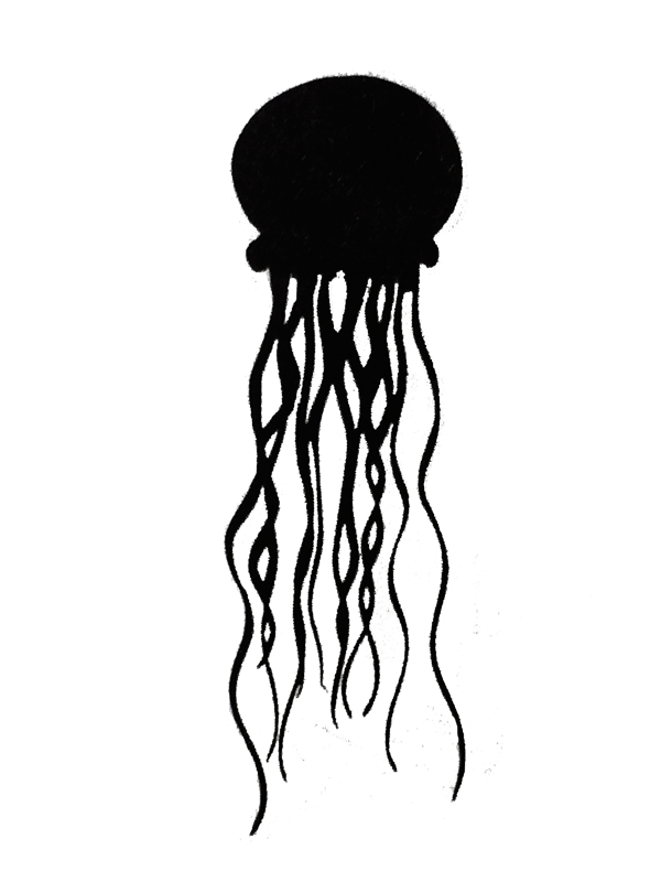 This metal sculpture shows the matte black silhouette of a jellyfish. It has an almost circular dome and a dozen long wave tendrils which hang downward.