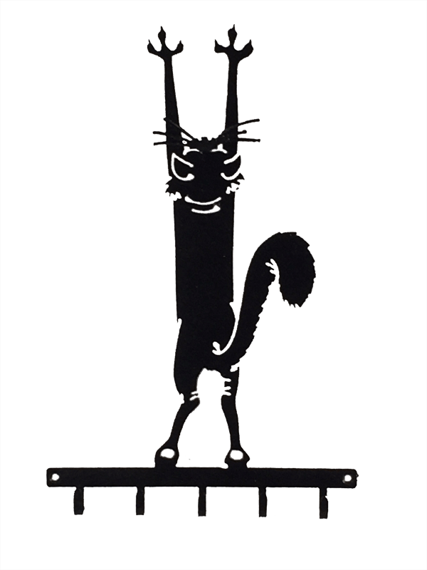 This metal sculpture shows the matte black silhouette of a stylized cat. It appears to be hanging from the wall by its front claws. Delicately punched metal forms the details of the cats head, as well as a clever perspective trick on the tail. The bushy tail appears to extend toward the viewer despite being totally flat. At the base of the cat is a metal strip from which five hooks emerge. The metal strip has two holes punched through it, allowing the piece to be nailed or screwed into a wall.