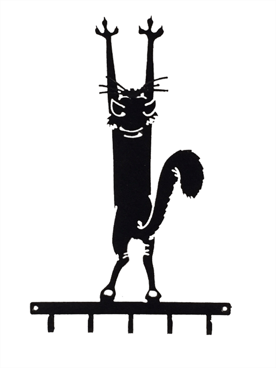 This metal sculpture shows the matte black silhouette of a stylized cat. It appears to be hanging from the wall by its front claws. Delicately punched metal forms the details of the cats head, as well as a clever perspective trick on the tail. The bushy tail appears to extend toward the viewer despite being totally flat. At the base of the cat is a metal strip from which five hooks emerge. The metal strip has two holes punched through it, allowing the piece to be nailed or screwed into a wall.