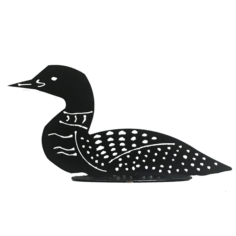 This metal sculpture shows the matte black silhouette of a loon. The metal has been delicately punched through to form the beak, collar and signature dappled spots of this bird. It sits on an oval base.