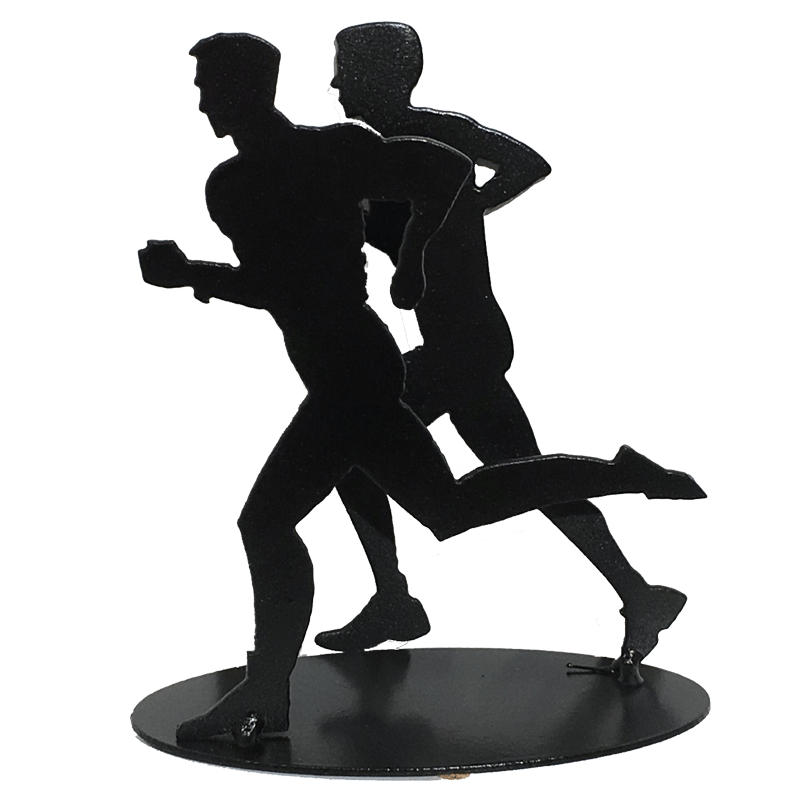 This sculpture shows two male figures running together. As before, both are moving quickly, with one foot planted on the ground and arms in full motion.