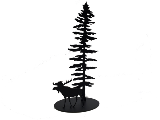 A metal sculpture showing the matte black silhouettes of a Sitka pine tree and a moose. The moose stands to the left of the tree, facing left. It has a full set of antlers and a pronounced dewlap. The tree is tall but slim. Its short, broad branches are about the same length along the whole tree, except at the top where they form a point. The sculpture sits on an oval base.