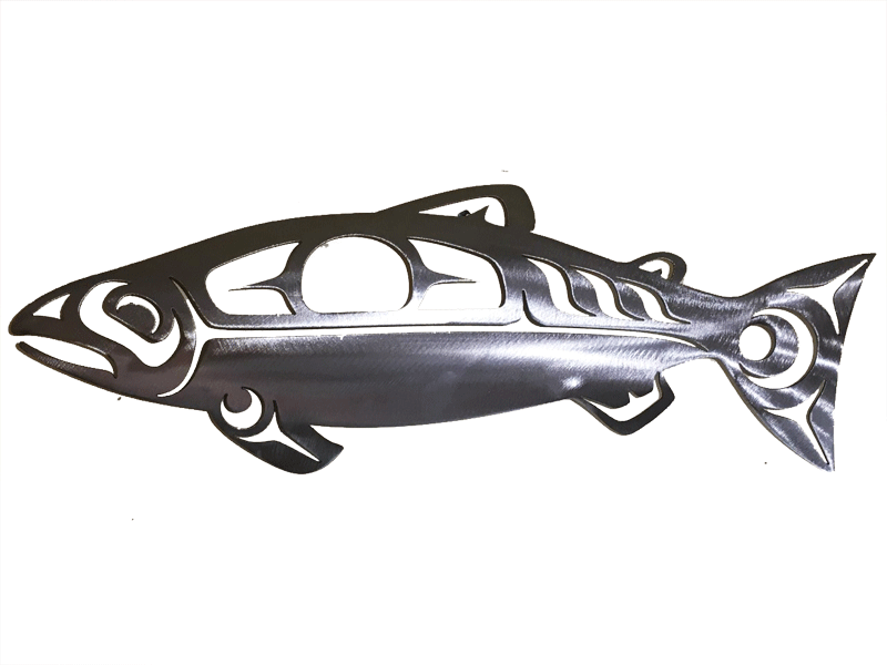 The brushed silver variant of the Coastal Salish salmon. The brushed metal evokes the shine of a real salmon’s scales.