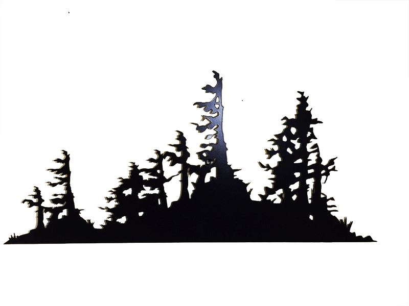 This metal sculpture shows the matte black silhouette of a mound of trees and bushes.  Rough, rugged trees emerge from the dense bushes below. The trees have broken branches and their leaves grow to one side, suggesting they live in a harsh, windy place. The highly detailed edges give this piece a strong sense of realism. 