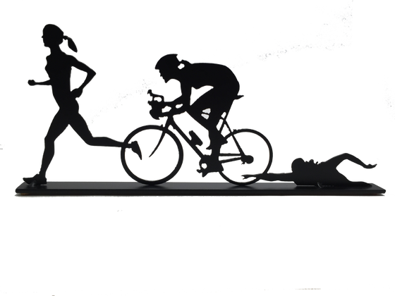 This metal sculpture shows the matte black silhouette of three female figures, each doing one trial in a triathlon. The leftmost is running, the center is biking, and the rightmost is swimming. The silhouettes slightly overlap each other. This piece sits on a narrow rectangular base.