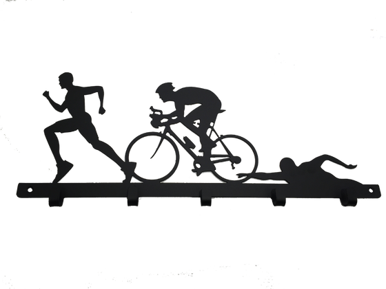 This metal sculpture shows the matte black silhouette of three male figures, each doing one trial in a triathlon. The leftmost is running, the center is biking, and the rightmost is swimming. The silhouettes slightly overlap each other. At the base of the sculpture is a metal strip from which five metal hooks emerge. The strip has two holes punched through it, allowing the piece to be nailed or screwed into a wall.