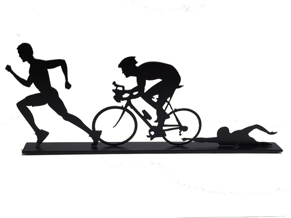 This metal sculpture shows the matte black silhouette of three male figures, each doing one trial in a triathlon. The leftmost is running, the center is biking, and the rightmost is swimming. The silhouettes slightly overlap each other. This piece sits on a narrow rectangular base.