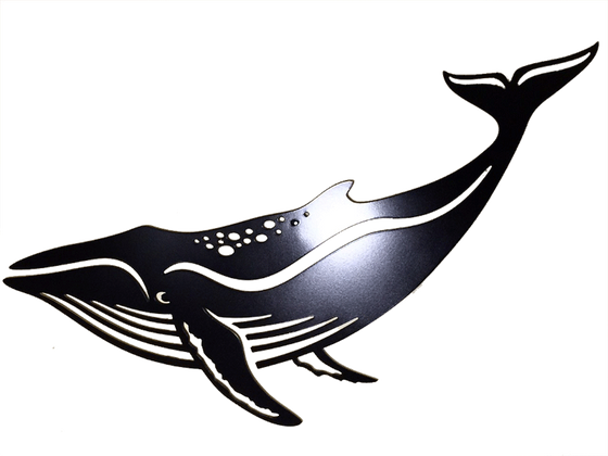 This metal sculpture shows the matte black silhouette of a humpbacked whale. Metal has been punched out of this piece to create the stripes of the belly and the characteristic bumps on the back and fins. Perspective creates the illusion that the what is looking back at the viewer as it swims away to the left.