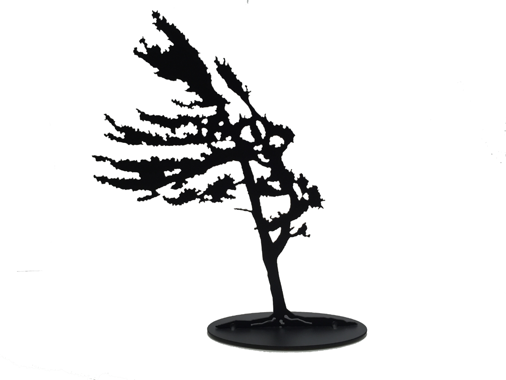 This metal sculpture shows the matte black silhouette of a pine tree being blown in the wind. It leans slightly to the left, branches flowing elegantly. Its straight trunk and fully foliage give an impression of hardiness and strength despite the strong wind. This piece sits on an oval base.