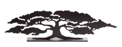 This metal sculpture shows the matte black silhouette of a sprawling oak tree, three times as wide as it is tall. A broad trunk splits into numerous slender branches, which end in full foliage. The piece has an serene, balanced feel. It sits on a rectangular base. 