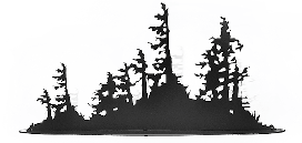 This metal sculpture shows the matte black silhouette of a mound of trees and bushes.  Rough, rugged trees emerge from the dense bushes below. The trees have broken branches and their leaves grow to one side, suggesting they live in a harsh, windy place. The highly detailed edges give this piece a strong sense of realism. It sits on a narrow oval base.