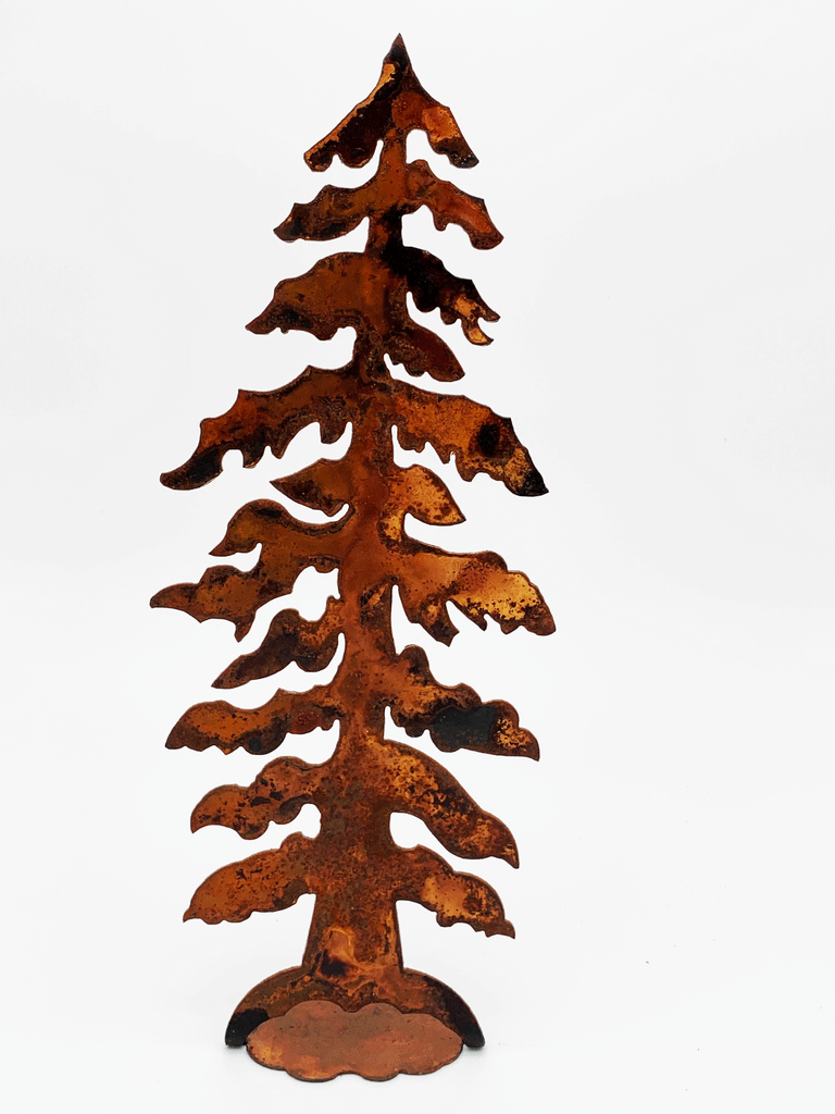 A draping pine tree cut from warm, weathered steel. The roots attach to a sturdy base.