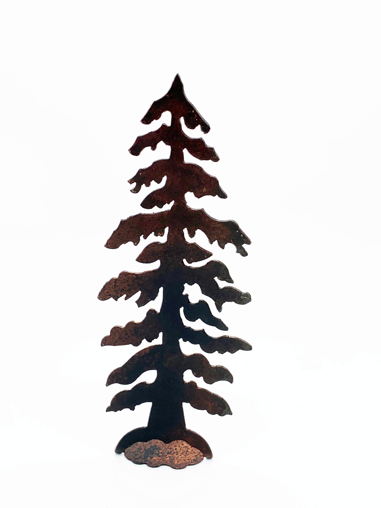 A draping pine tree cut from warm, weathered steel. The roots attach to a sturdy base.