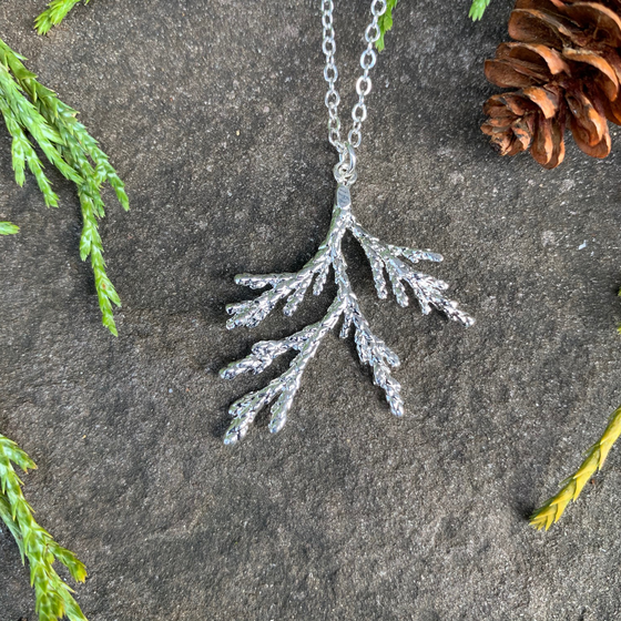 A small silver coated piece of juniper on a silver chain sits on a stone background. The silver has a bright finish. Around the picture are decorative evergreen leaves and a pine cone.