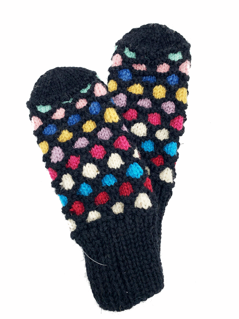 A black pair of knit mittens with colourful circles going around the mittens. Colours consist of white, red, blue, pink, purple, yellow, blue, light pink, and mint. No circles on both ends of the mittens.