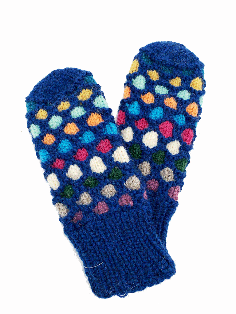 A navy blue pair of knit mittens with colourful circles going around the mittens. Colours consist of purple, light grey, forest green, white, pink, blue, orange, light blue, and yellow. No circles on both ends of the mittens.