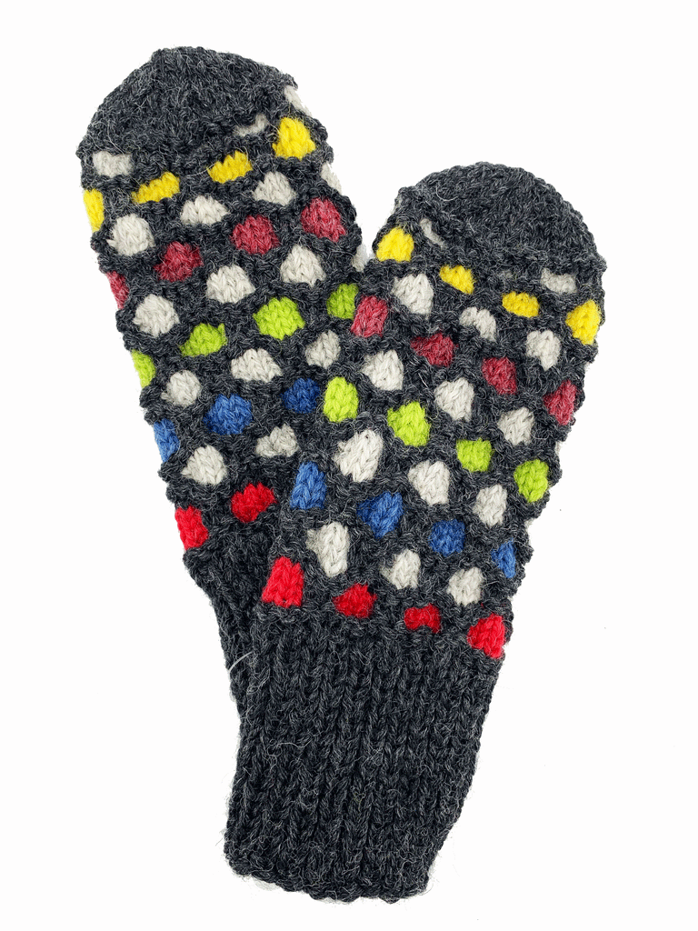 A dark grey pair of knit mittens with colourful circles going around the mittens. Colours consist of red, white, blue, green, maroon, and yellow. No circles on both ends of the mittens.