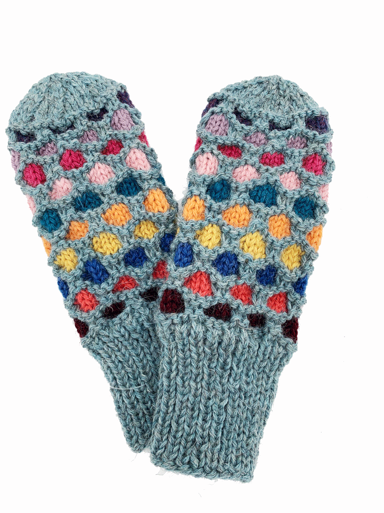 A light blue pair of knit mittens with colourful circles going around the mittens. Colours consist of black, coral, navy, yellow, yellow, orange, light pink, dark pink, light purple, and dark purple. No circles on both ends of the mittens.