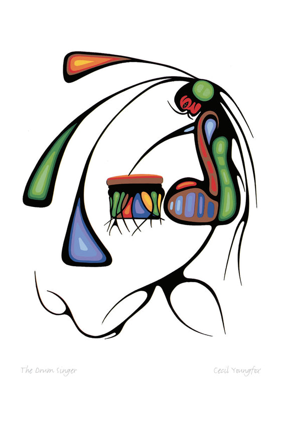 An abstract image of a seated figure playing a drum. The figure looks down at the drum, with one slender arm touching the top. Their body is made of concentric shapes coloured red, blue and green. Three long triangular forms emerge from the figure’s head and drape left and down across the picture.  Slender black lines emerge from the figure’s hair and back, branching and flowing downward. This Canadian Indigenous print was created by Cecil Youngfox, an Ojibwa and Metis artist from Blind River, Ontario.
