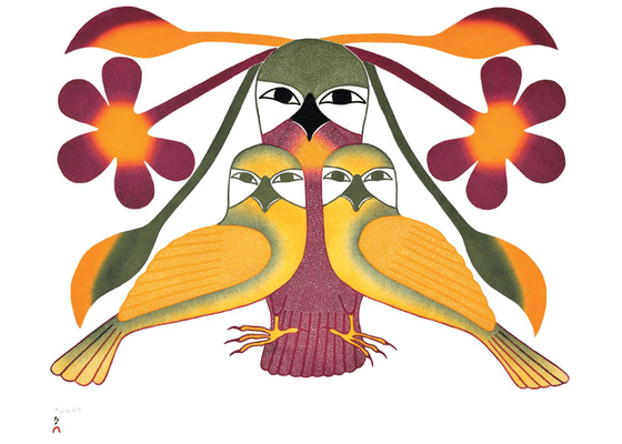 A large purple owl is flanked by two smaller yellow owls. All owls face the viewer. The large owl has leaves and flowers balanced on its head. This Canadian Indigenous print was painted by Kenojuak Ashevak, an Inuit artist from Ikirasaq, southern coast of Baffin Island. Ashevak's signature is at the bottom left.