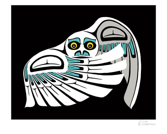 A snowy owl drawn in the Coastal Salish style. Its right wing is raised across its body, partially obscuring it. The left wing is half raised behind it. Black trigons and black and blue u-shapes create the details of its wings. A white trigon twinkles in each of its yellow eyes. The background is pure black. This Canadian Indigenous print was created by Metis artist Derek Thomas. He is from Duncan, BC, and prefers the Coastal Salish style for his art.