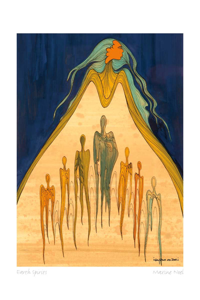 A woman with brown skin and teal hair stands against a dark blue background. She is wearing a yellow cloak or dress. The cloak or dress splits open in the front to reveal abstract human shapes. The human shapes are coloured orange, green or blue on a light brown background. This Canadian Indigenous print was painted by Maxine Noel, a Sioux artist born on the Birdtail Reserve, Manitoba.