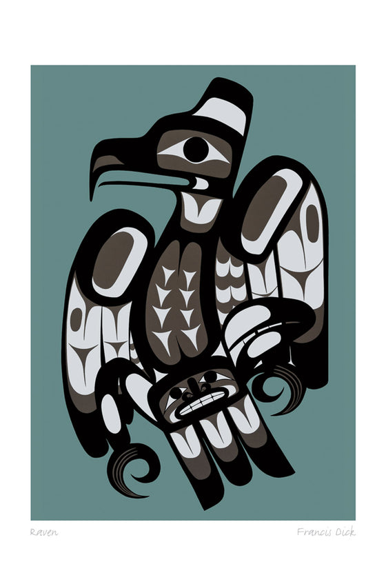 A raven drawn in northwest coastal style. The raven is made of black, grey, and white shapes. A human-like face can be seen near its tail feathers. It is on a dark teal background. This Canadian Indigenous print was created by Kwakwaka 'wakw artist Francis Dick. She was born into the Musqamakw Dzawadaenutw Band in northern Vancouver Island.