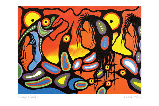 Three figures stand together with salmon and birds. The leftmost figure appears to be encircled by a salmon. The picture is drawn with the bold, dark line work of the Woodland Algonquin style. The background is an orange and yellow sky, contrasting with the blue and green fish and birds. This Canadian Indigenous print was painted by Frank Polson of the Long Point First Nation in northwest Quebec.