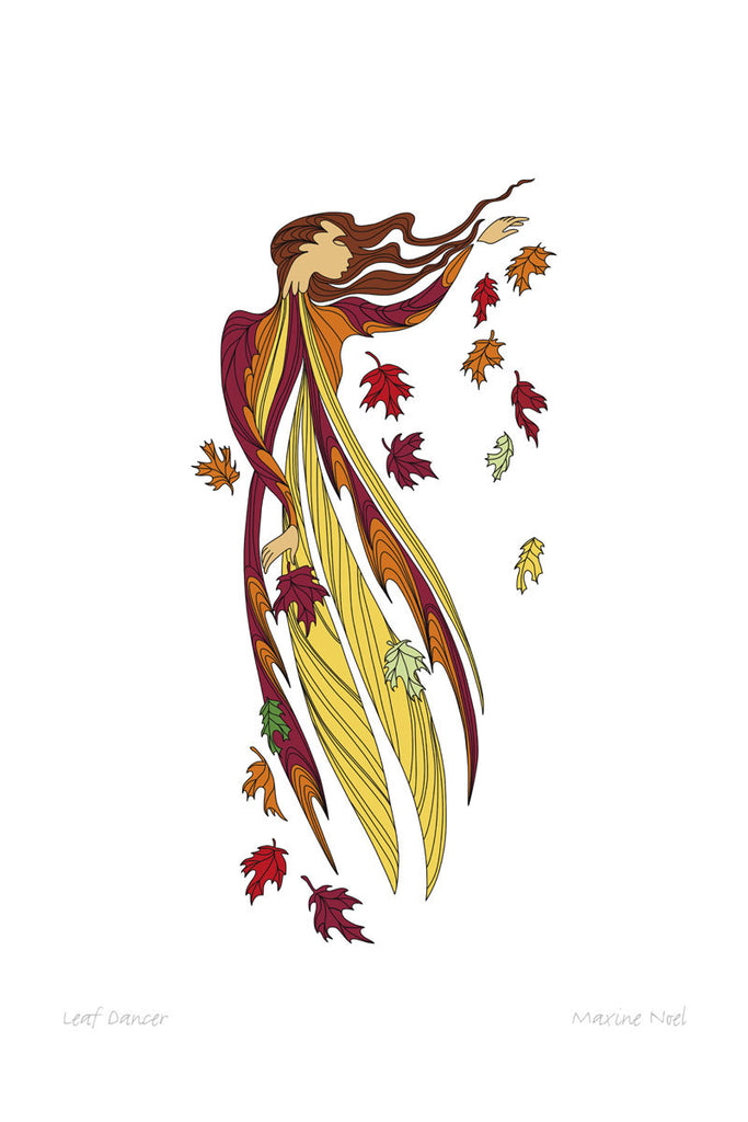 A woman faces right against a white background. Her left arm is raised to the right. She is surrounded by autumn coloured leaves. Wind blows left to right across the picture, blowing the woman’s long hair, dress, and the leaves.  This Canadian Indigenous print was painted by Maxine Noel, a Sioux artist born on the Birdtail Reserve, Manitoba.