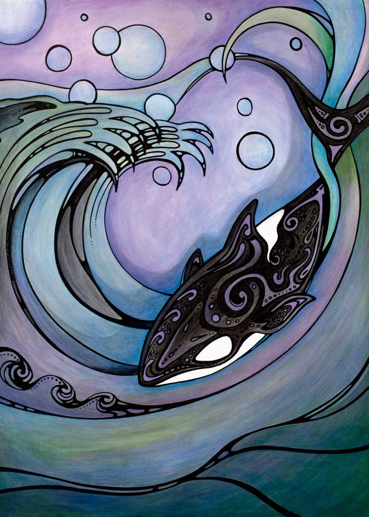 Beautiful art print "Depth" by the Mi’kmaq Métis artist Nathalie Coutou depicting an orca swimming in water that is different shades of blue, purple, and green