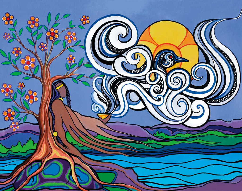 A woman leaning on a tree by the lake. There is a bright sun with smoke that forms a big bird. The artist is Pam Cailloux, a Metis artist from Chibougamau, Quebec.
