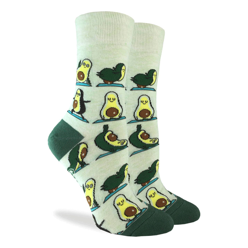 These fun socks feature avocado halves in yoga poses such as the superman pose, the shoulder stand pose, and the cobbler’s pose, on a base of light green with a dark, avocado green toe and heel. Spandex added to the 85% cotton blend gives the socks the perfect amount of stretch to hug your feet.