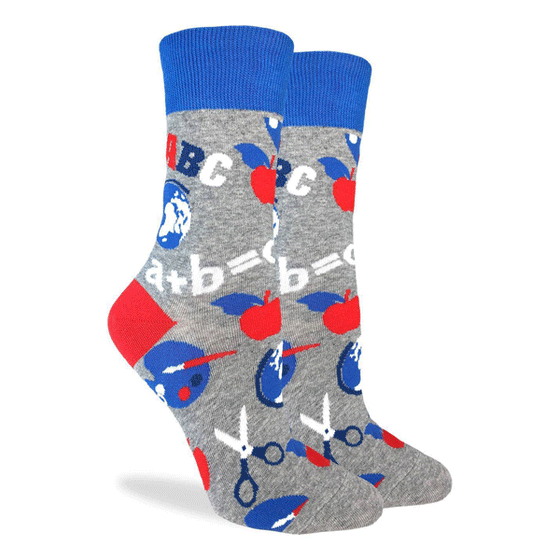 These fun socks feature all maron of trenching symbols, like an apple, a math equation, and globe, among others. The images are blue, red, white, and black, on a grey background with a red heel and blue rim. Spandex added to the 85% cotton blend gives the socks the perfect amount of stretch to hug your feet.
