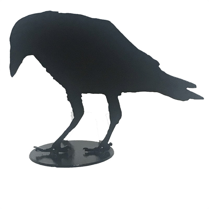 A close up of crow design I. The silhouette implies it stands at on an angle to the viewer. Its head is pulled back and looks down, and its feathers are slightly ruffled. It seems to be staring down a something in confusion.