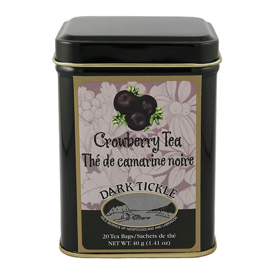 Canadian made Crowberry Tea in a Black and gold tin