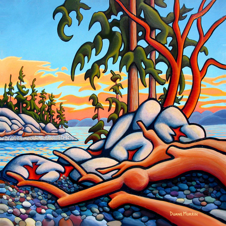 A rocky shore consisting of pink, grey, blue, orange and yellow stones along with orange roots and 4 trees with green flowy leaves occupies the foreground of the image. Bright blue water can be seen behind, along with grey rocky hills and more green trees. A blue sky with flowing orange clouds is above.