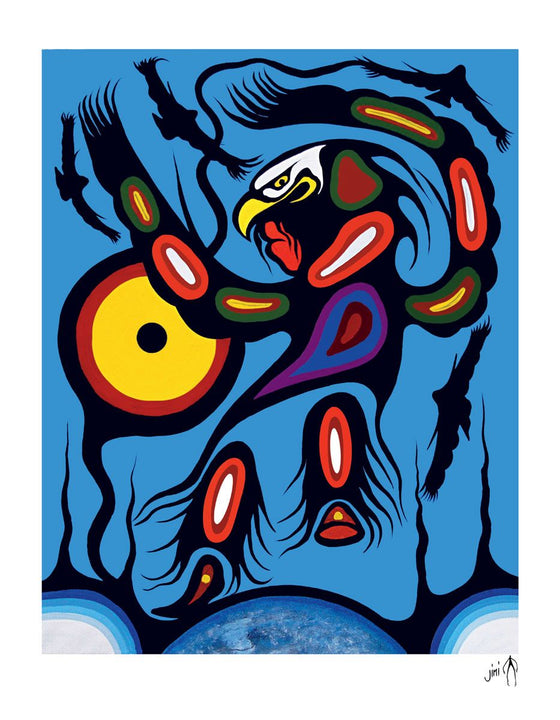 The picture is drawn with the bold, dark line work of the Woodland Algonquin style. A shaman performs a dance while wearing an eagle costume. Both of their arms are raised in the air. The hood of the costume is an eagle head, which stares at the viewer. Several flying eagles are silhouetted against the blue sky behind the dancer. In the background is a large red and yellow eye shape. This Canadian Indigenous print was painted by Frank Polson of the Long Point First Nation in northwest Quebec.