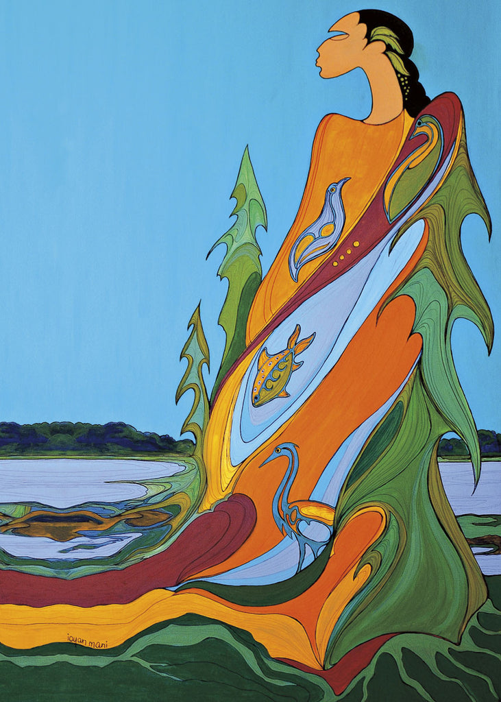 A woman facing left stands at the edge of a river.  Behind her are pine trees and a bright blue sky. She is wearing a dress which resembles earth, water and trees. A fish swims in the water part of her dress. Two birds stand on the earth part of her dress. This Canadian Indigenous print was painted by Maxine Noel, a Sioux artist born on the Birdtail Reserve, Manitoba.
