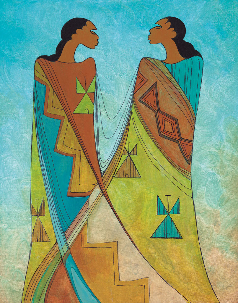 Two women face each other. Both are wearing dresses with brown, blue, and green fabric. The dresses have geometric designs resembling diamonds and teepees. The dresses overlap and merge at the bottom, so you cannot tell who is wearing which dress.  This Canadian Indigenous print was painted by Maxine Noel, a Sioux artist born on the Birdtail Reserve, Manitoba.