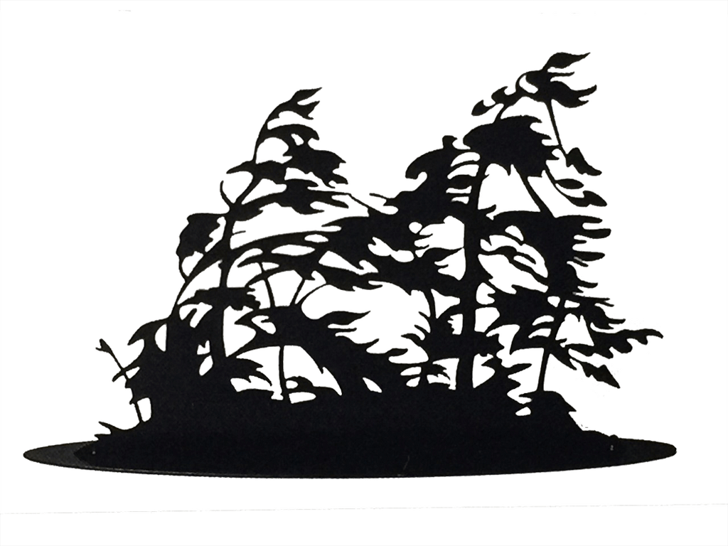 This metal sculpture shows the matte black silhouette of trees and bushes being blown in a strong wind. The slender braches and leaves bend significantly, creating a sense of dynamic movement. This photo shows the standing variant of this piece, rather than the wall mounted version.