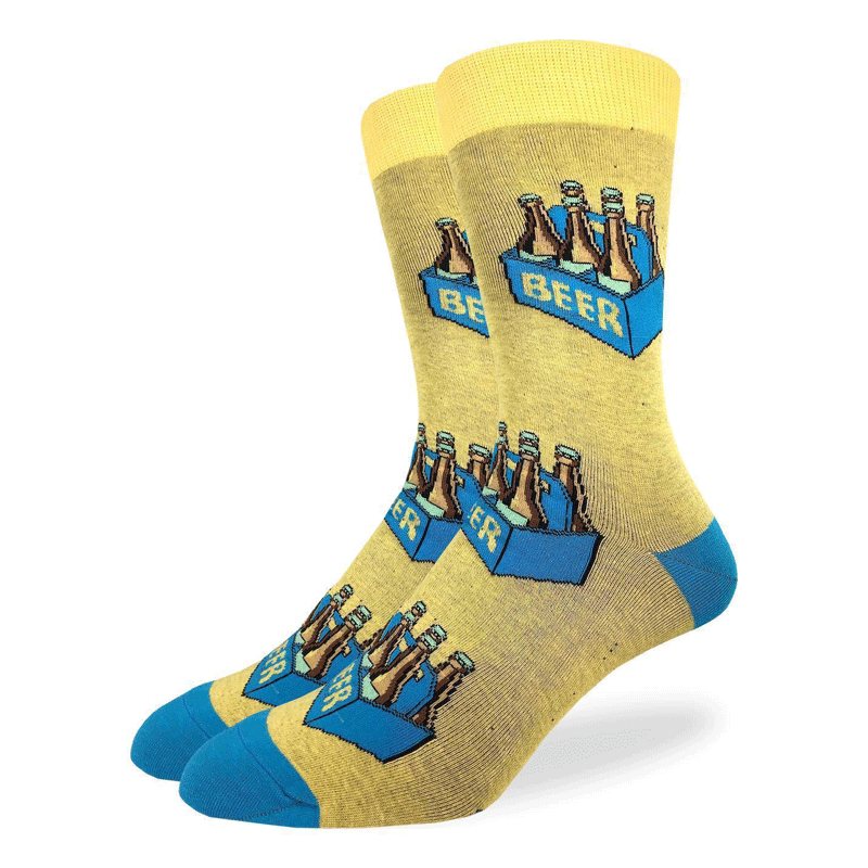 These fun socks feature six beer bottles in a blue cardboard carrying box with the word “BEER” written on the side. The boxes are on top of a dark yellow background, with blue heels and toe, and bright yellow rim. Spandex added to the 85% cotton blend gives the socks the perfect amount of stretch to hug your feet.
