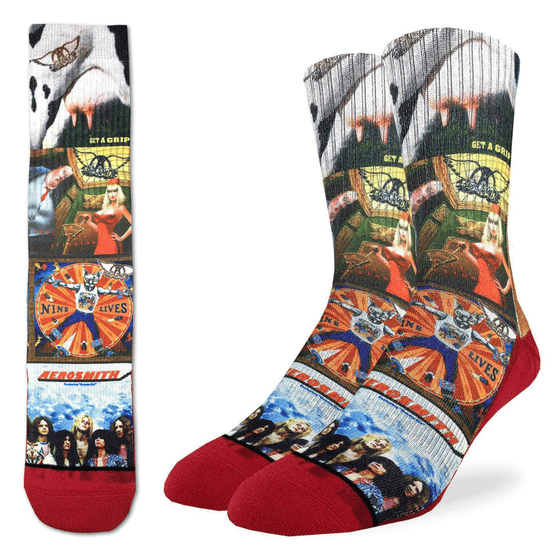 These fun socks feature images of Aerosmith’s album covers, such as “Get a Grip”, “Nine Lives”, “Aerosmith”, and a single called “Love in an Elevator”. The sole, toe, and heel of teh socks are red. The active fit socks sport elastic arch bands to contour to your feet and provide support.