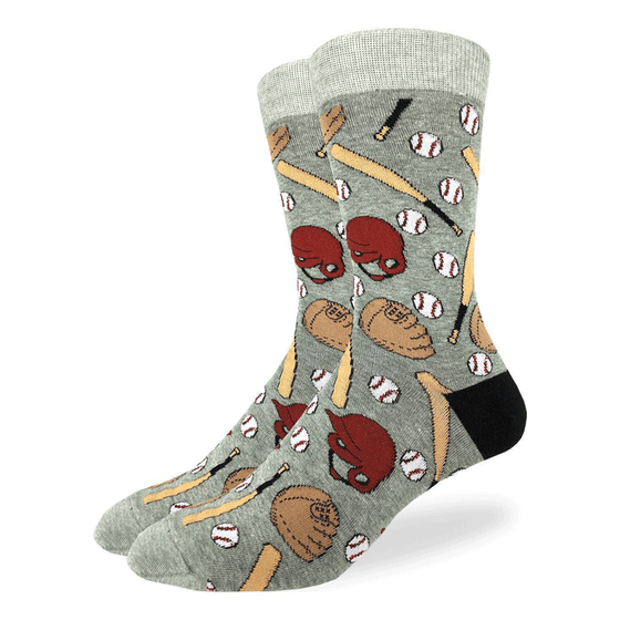 These fun socks feature baseballs, helmets, bats, and gloves on a background of grey, with a lighter grey toe and rim, and black heel. Spandex added to the 85% cotton blend gives the socks the perfect amount of stretch to hug your feet.