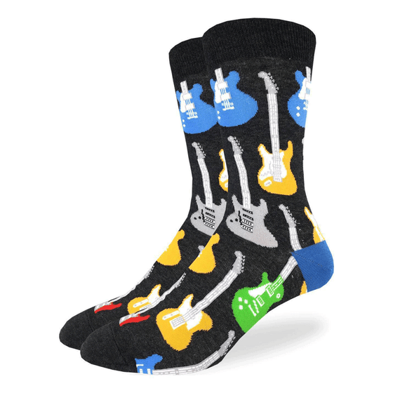 These fun socks feature red, yellow, green, blue, and grey guitars with white necks standing upright on a black background that makes the guitars pop. Spandex added to the 85% cotton blend gives the socks the perfect amount of stretch to hug your feet.