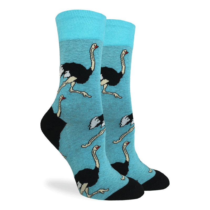 These fun socks feature running ostriches on a blue background with a black heel and toe. Spandex added to the 85% cotton blend gives the socks the perfect amount of stretch to hug your feet. 