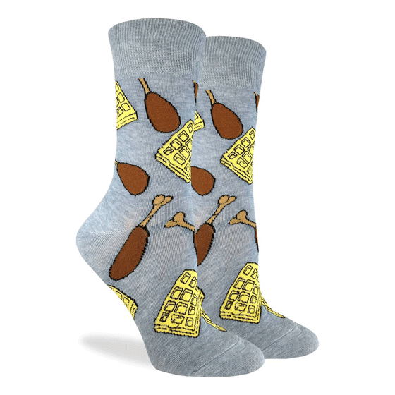 These fun socks feature chicken legs and square waffles on a grey background. Spandex added to the 85% cotton blend gives the socks the perfect amount of stretch to hug your feet.