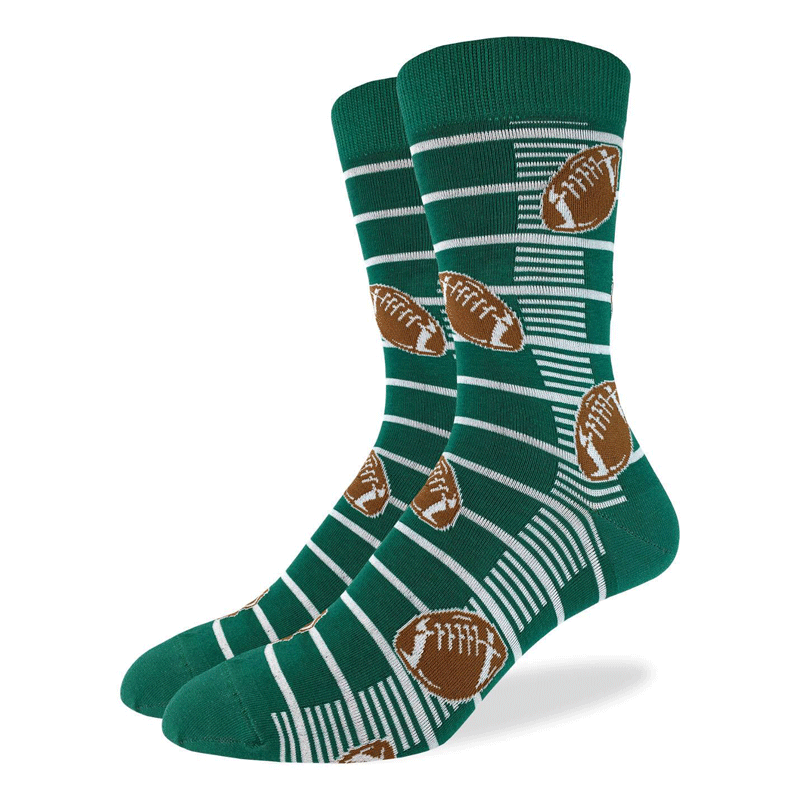 These fun socks feature brown and white footballs on a green background with white yard lines. Spandex added to the 85% cotton blend gives the socks the perfect amount of stretch to hug your feet.