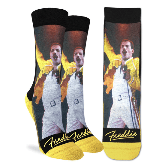 These fun socks feature a picture of Freddie Mercury  performing at Wembley Stadium in 1986. A black background is around the photo with a copy of his autograph printed in yellow below. The sole, toe, and heel of the sock is yellow.The active fit socks sport elastic arch bands to contour to your feet and provide support. 