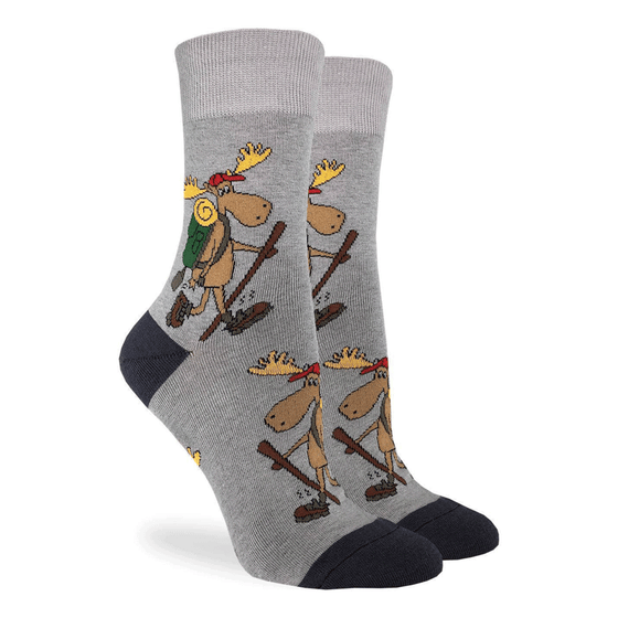 These fun socks feature hiking moose equipped with a backpack, walking stick, and red cap. The moose are on a grey background with black toe and heel. Spandex added to the 85% cotton blend gives the socks the perfect amount of stretch to hug your feet.